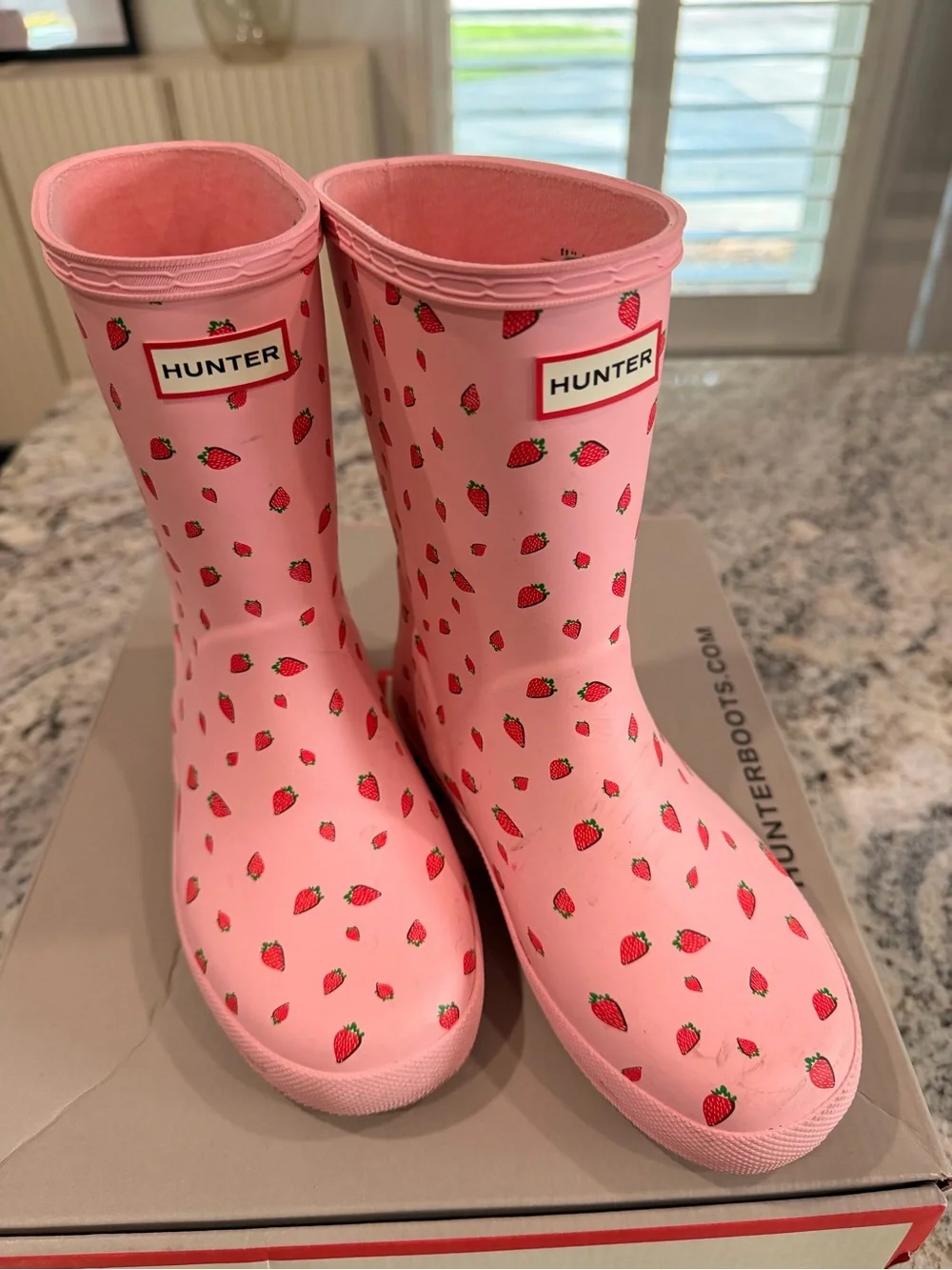 Hunter Kids Pink Strawberry Print Rain Boots